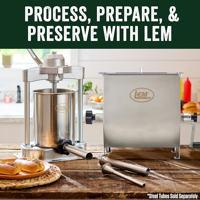 LEM Products MightyBite 5 lb Sausage Stuffer and 20 lb Meat Mixer Bundle | Easy Prep and Stuffing, Stainless Steel Meat Stuffer Machine Includes Stuffing Tubes, Removable Cylinder, Air-Release Piston