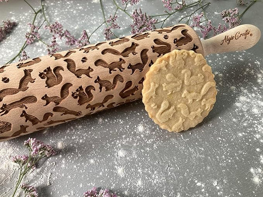 FUNNY SQUIRRELS PATTERN EMBOSSING ROLLING PIN LASER ENGRAVED ROLLING PIN WITH SQUIRRELS for EMBOSSED COOKIES
