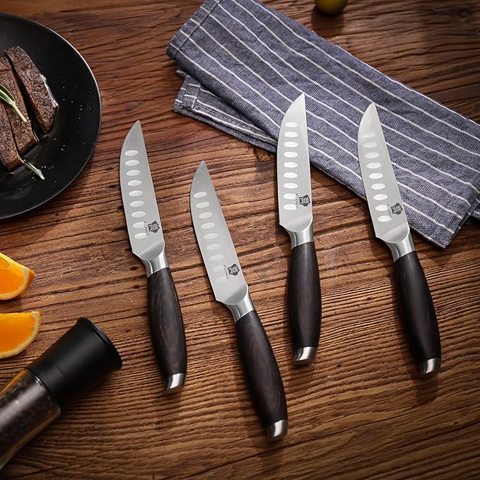 WILDMOK 5 Inch Steak Knives Set of 4, Ultra Sharp Steak Knives Kitchen Knives Set, German Stainless Steel Steak Knife Set Black Pakkawood Handle with Gift Box