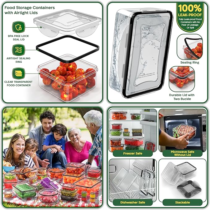 RockBerry 66 Pcs Food Storage Containers with Lids Airtight | Total 19075ML Stackable Kitchen Bowls Set(31 Containers,31 Lids) BPA Free Leak proof Plastic Boxes-Microwave safe