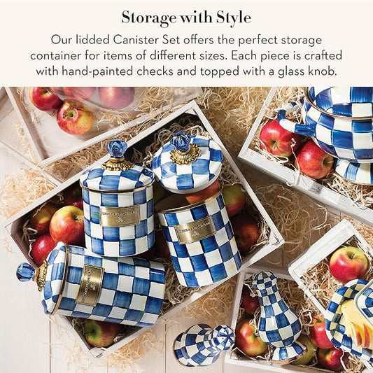 MACKENZIE-CHILDS Enamel Canister Set, Small (38 oz.), Medium (48 oz.), and Large (64 oz.) Kitchen Containers, Blue-and-White Royal Check