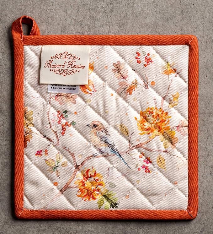 Maison d' Hermine Pot Holders 100% Cotton Potholders (8" x 8", Pack of 2) | Heat Resistant Hot Pads with Loop BBQ Cooking Baking Hotel Kitchen Handling Hot Pans Thanksgiving Christmas - Kelim - Prairie