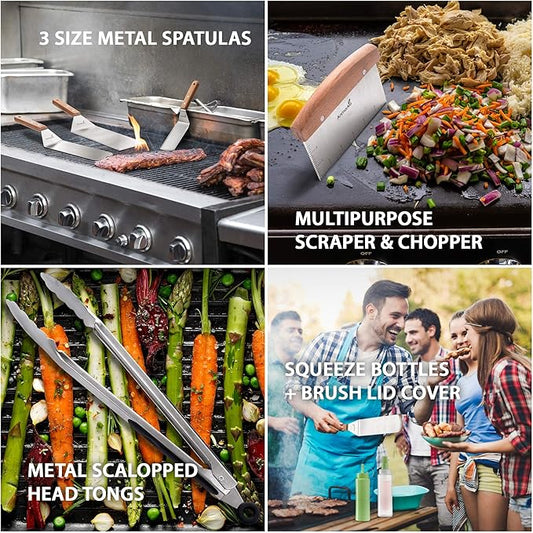 Metal Spatula Set - Griddle Accessories kit - Grill Flat Spatula Pancake Flipper Hamburger Turner - Metal Utensil Great for BBQ Grill Flat Top - Cast Iron Griddle Accessories - Commercial Grade