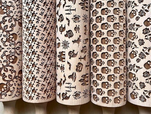 HALLOWEEN 3 Mini Embossed Rolling Pin Set. Wooden Laser Engraved Textured rolling pins for Cookies, Modeline, Ceramic with Skulls, Bats, Halloween by Algis Crafts