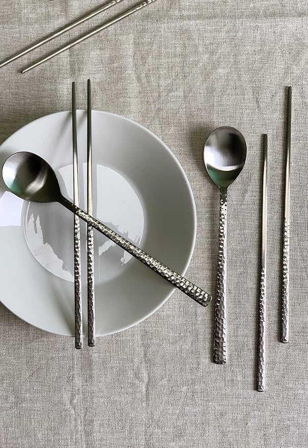 Korean Made Silver Glossy Hammered Stainless Steel Korean Spoon & Chopstick SET Gift for Mom Stocking Stuffer(4SET)