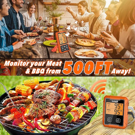 Yunbaoit Wireless Meat Thermometer, Digital Remote Food Cooking Meat Thermometer for BBQ Grill Smoker Oven Kitchen,500 FT Range&Dual Probes
