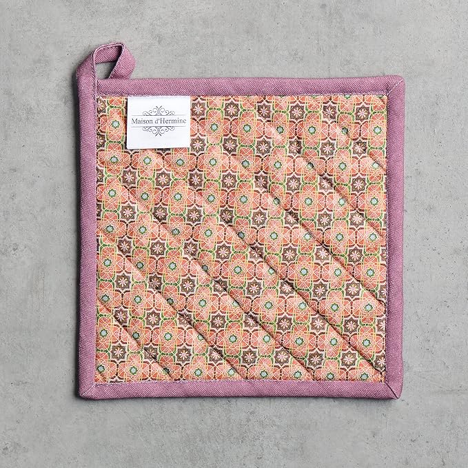 Maison d' Hermine Pot Holders 100% Cotton Potholders (8" x 8", Pack of 2) | Heat Resistant Hot Pads with Loop BBQ Cooking Baking Hotel Kitchen Handling Hot Pans Thanksgiving Christmas - Ispahan