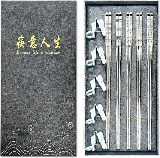 Premium 316 Medical Grade Stainless Steel Chopsticks 5 Pairs And Set with 5 Chopstick Helpers,Metal, Training For kids and Adults,Luxury Gift Box with Gold Design