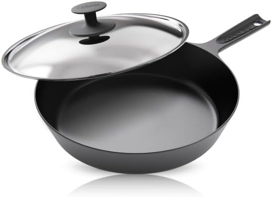 COOKLIFE 10 Inch Lightweight Pre-Seasoned Cast Iron Skillets with Stainless Steel Lid - Smooth Polished Surface, Easy to Clean Cast Iron Pan Use in the Oven, on the Stove or Grill