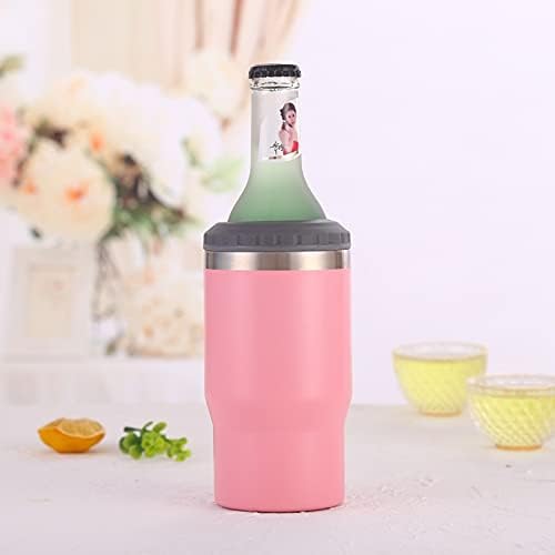 4 in 1 Stainless Steel Can/Bottle Insulator, 14oz Two-Way Lids SUS Insulated Can Cooler, Beer Bottle holder (Pink)