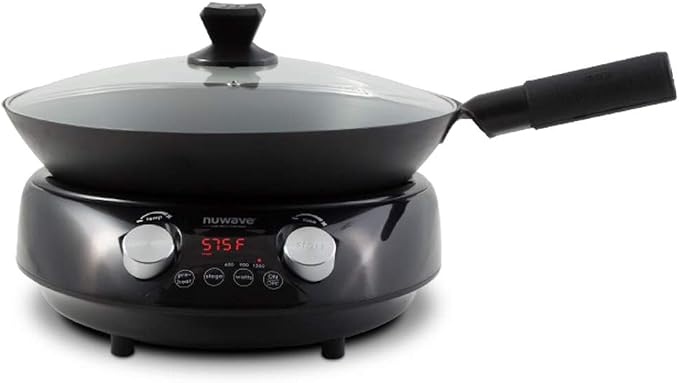 Nuwave Mosaic Induction Wok, Precise Temp Controls from 100°F-575°F in 5°F | Wok Hei, Infuse Complex Charred Aroma & Flavor, 3 Watts 600, 900 & 1500, Authentic 14-inch Carbon Steel Wok Included, Black