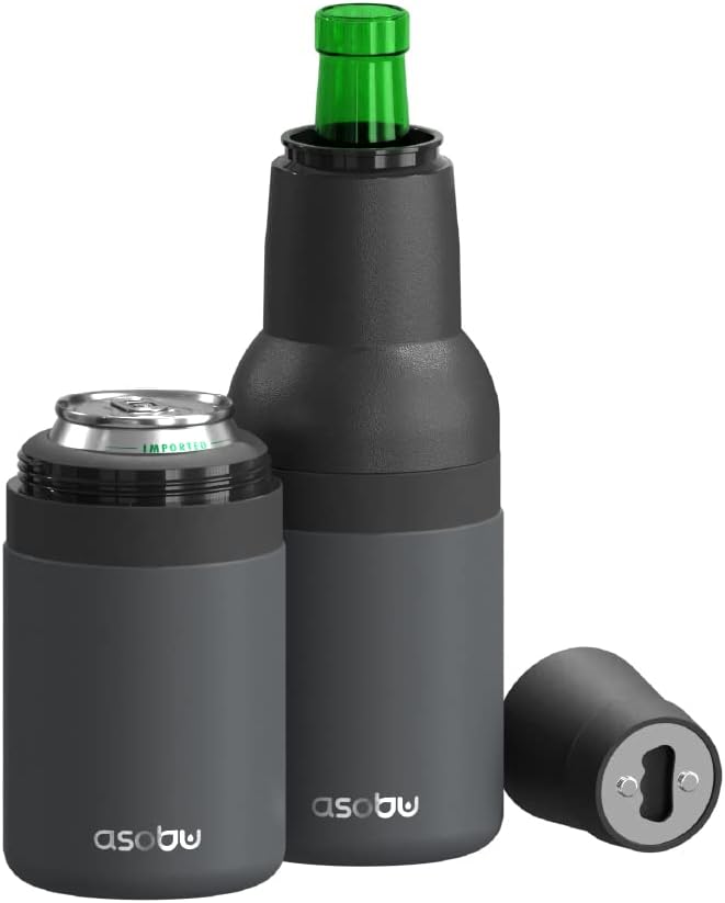 Asobu Frosty Beer Holder 2 Go Vacuum Insulated Double Walled Stainless Steel Beer Can and Bottle Cooler with Beer Opener, Bpa Free, Fits Standard 12oz Bottles & Cans, Gift for Beer Lovers (Smoke)
