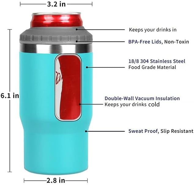 14oz 4 in 1 Stainless Steel Can Cooler Beer Bottle Insulator With 2 Lids for 12oz can&bottle, Double walled insulated Thermocooler &Travel Mug Holder Keeping Your Bevearge Cold (Light blue)