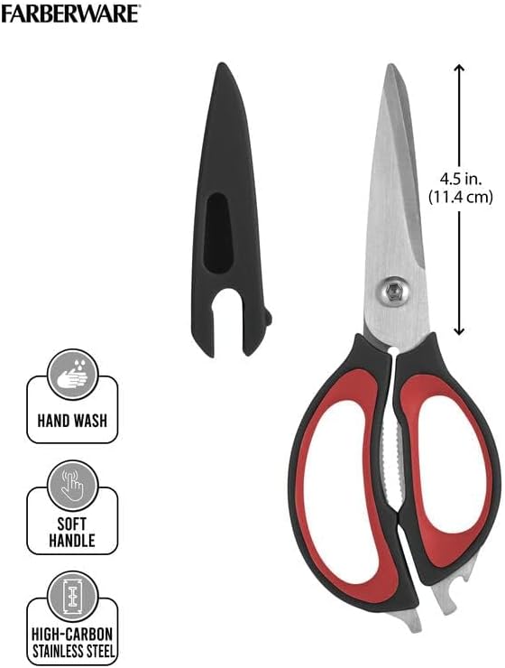 Farberware 4-In-1 Kitchen Shears 2-Piece - Multi-Purpose Design, Red | Heavy-Duty Stainless Steel Blades with Protective Sheath - Comfortable Soft-Grip Handles for Daily Kitchen Use