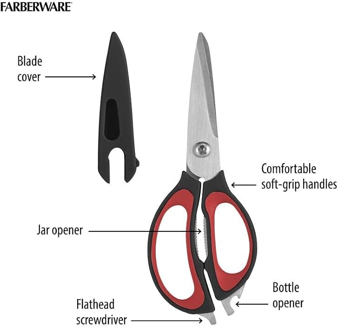 Farberware 4-In-1 Kitchen Shears 2-Piece - Multi-Purpose Design, Red | Heavy-Duty Stainless Steel Blades with Protective Sheath - Comfortable Soft-Grip Handles for Daily Kitchen Use