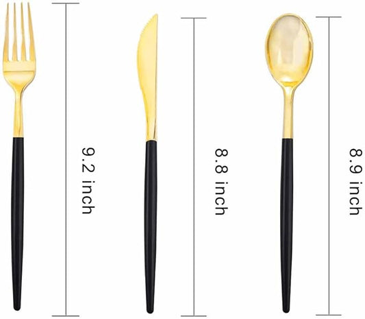 Rubtlamp 96 Pcs Gold Disposable Silverware, Plastic Cutlery, Gold Utensils Plastic with Black Handle Include 32Forks, 32Spoons, 32Knives for Party