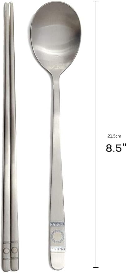[5 Sets] [Made in Korea] Korean Sticky Rice Spoon Chopsticks Set Gold Titanium Plating 304 Stainless Steel Tableware Cutlery Set Mukbang Chopsticks (Korean Palace Pattern, 5 Sets)
