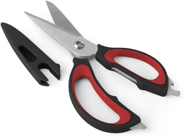 Farberware 4-In-1 Kitchen Shears 2-Piece - Multi-Purpose Design, Red | Heavy-Duty Stainless Steel Blades with Protective Sheath - Comfortable Soft-Grip Handles for Daily Kitchen Use