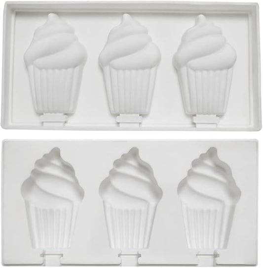 1 Pack Cute Ice Cream Shape Popsicle Molds Silicone Ice Pop Molds 3 Cavities Popsicle Molds for Kids Adults Ice Cream Mold Cakesicles Mould DIY Popsicle Maker Homemade Popsicle Silicone Molds K
