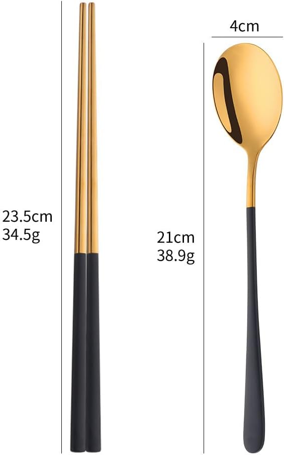 TEAHA Reusable Korean Chopstick and Spoon Set,4 Sets Long Handle Stainless Steel Spoon and Chopsticks Set,Metal Chopsticks Dishwasher Safe, Black Gold.