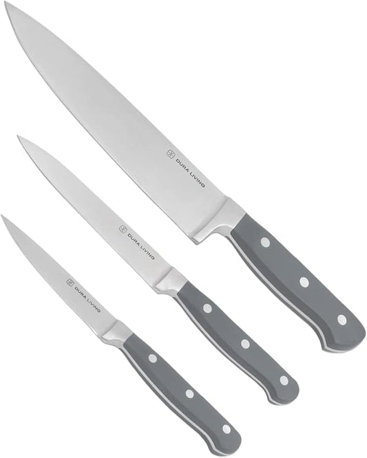 DURA LIVING 3-Piece Kitchen Knife Set – Ultra-Sharp Forged High Carbon Stainless Steel, Includes 8" Chef, 5" Utility, 3.5" Paring Knives, Ergonomic Handles, Professional Starter Set, Gray