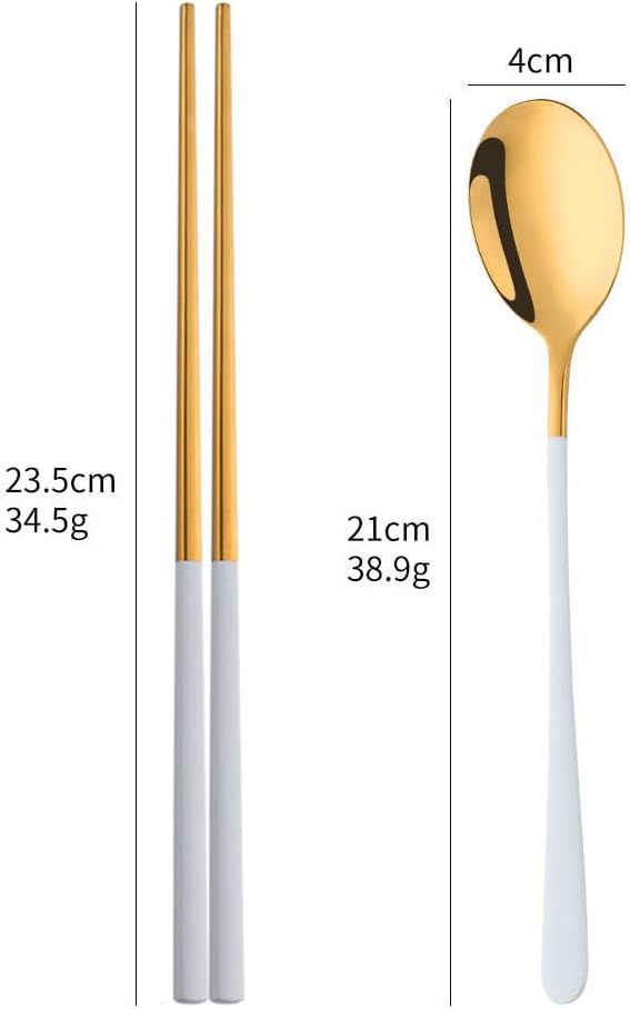 TEHAHA Reusable Korean Chopstick and Spoon Set,4 Sets Long Handle Stainless Steel Spoon and Chopsticks Set, 8 Pieces Metal Chopsticks Dishwasher Safe,White Gold.