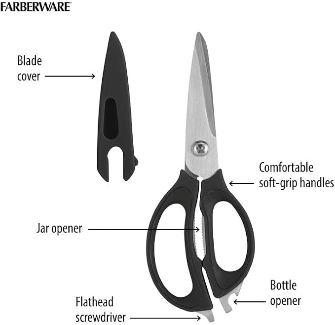 Farberware 4-in-1 Kitchen Scissors with Black Handle, High-Carbon Stainless Steel Shears with Jar Opener, Bottle Opener and Screwdriver, Kitchen Shears for Food Prep