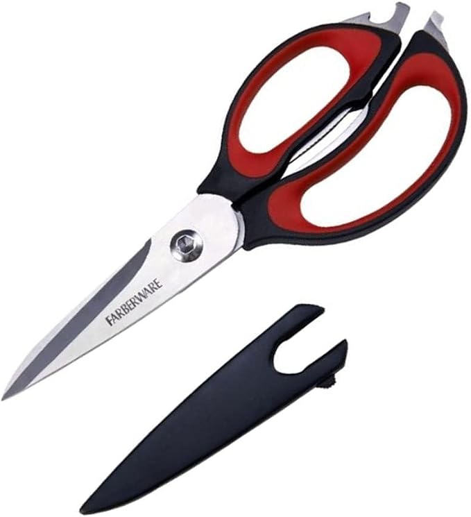 Farberware 4-In-1 Kitchen Shears 2-Piece - Multi-Purpose Design, Red | Heavy-Duty Stainless Steel Blades with Protective Sheath - Comfortable Soft-Grip Handles for Daily Kitchen Use