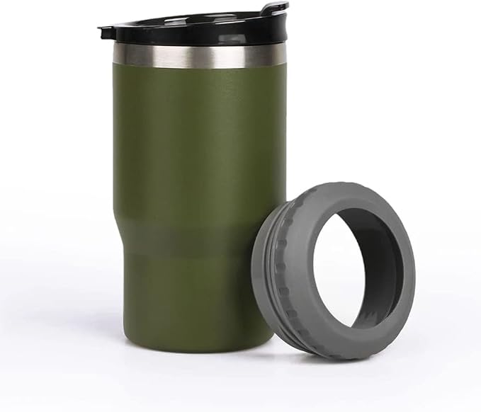 14oz 4 in 1 Stainless Steel Can Cooler Beer Bottle Insulator With 2 Lids for 12oz can&bottle, Double walled insulated Thermocooler &Travel Mug Holder Keeping Your Bevearge Cold (Olive green)