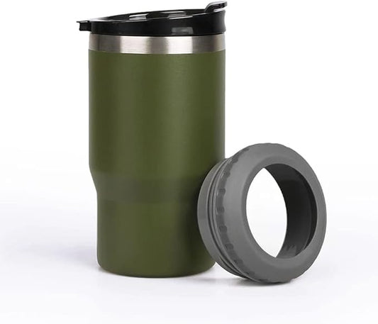 14oz 4 in 1 Stainless Steel Can Cooler Beer Bottle Insulator With 2 Lids for 12oz can&bottle, Double walled insulated Thermocooler &Travel Mug Holder Keeping Your Bevearge Cold (Olive green)