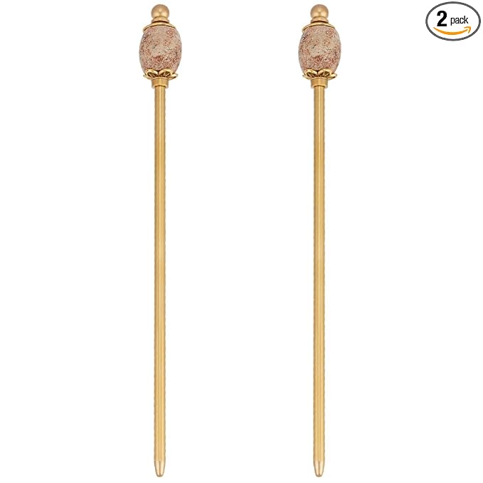 PH PandaHall 2PCS Picture Jasper Bead Hair Sticks 5.9inch Oval Gemstone Hairpins Golden Chinese Hairpin Metal Hair Chopsticks Vintage Hairpins for Valentine's Day Mother's Day Women Hairs Ornament