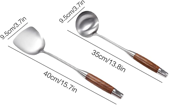 Wok Spatula & Ladle Set, AOOSY 304 Stainless Steel Cooking Utensils,2 Pcs | Wooden Handle Wok Utensils Soup Ladle Wok Spatula, 15 In