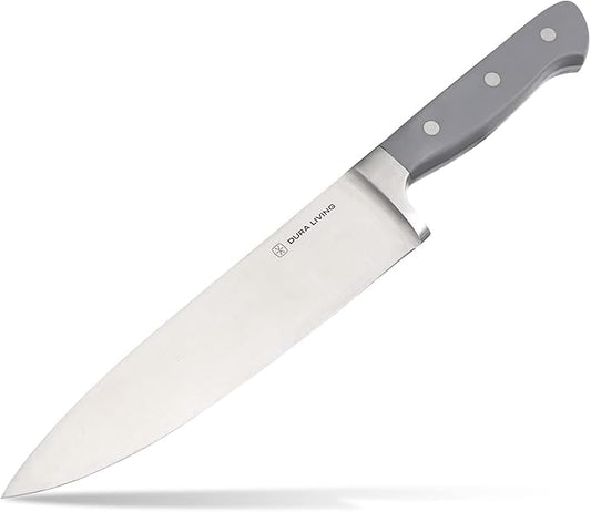 DURA LIVING 8 Inch Professional Chef Knife – High Carbon Stainless Steel, Razor-Sharp, Versatile Cooking & Cutting Kitchen Knife, Ergonomic Handle, Sleek Gray Design