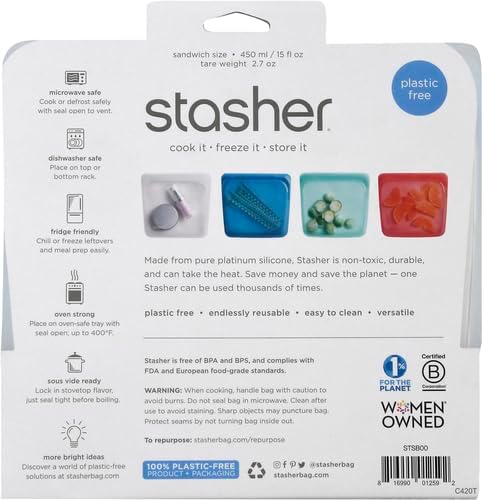 Stasher Premium Reusable Silicone Sandwich Bags, 2-Pack, Clear, 28 oz | Food-Safe Silicone, Freezer, Sous Vide, Microwave, Dishwasher, Oven Safe, Meal Prep, Lunch Container, BPA-Free, Eco-Friendly