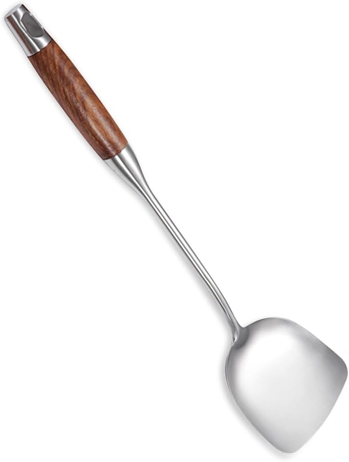 Professional Chinese Wok Spatula, 15.7 In 18/10 Stainless Steel Wok Utensil | with Heat-Resistant Wooden Handle for Stir-Fry & Asian Cooking