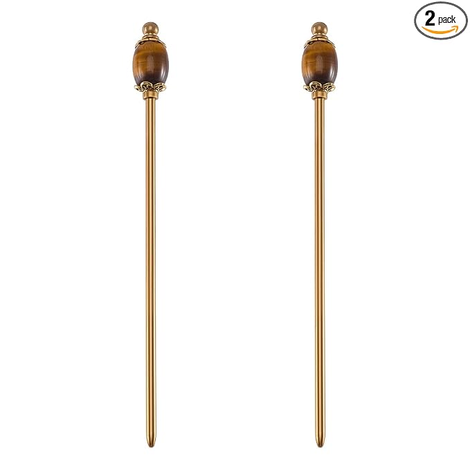 PH PandaHall 2pcs Natural Tiger Eye Bead Hair Stick Vintage Hairpin 5.9 inch Golden Hairpins Chinese Hairpin Metal Hair Sticks Brass Hairs Chopstick for Women Gifts Long Hairs Ornament Accessory