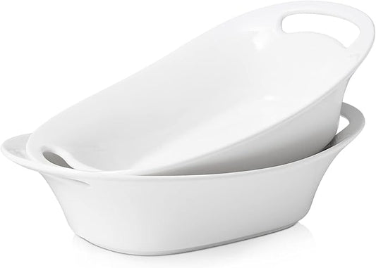 DOWAN Large Serving Bowls with Handles, 60 OZ Oval Serving Platter for Turkey, Fruit Salad Serving Dishes for Entertaining, Porcelain Pasta Bowls for Thanksgiving Day, Parties, Set of 2, Soft White