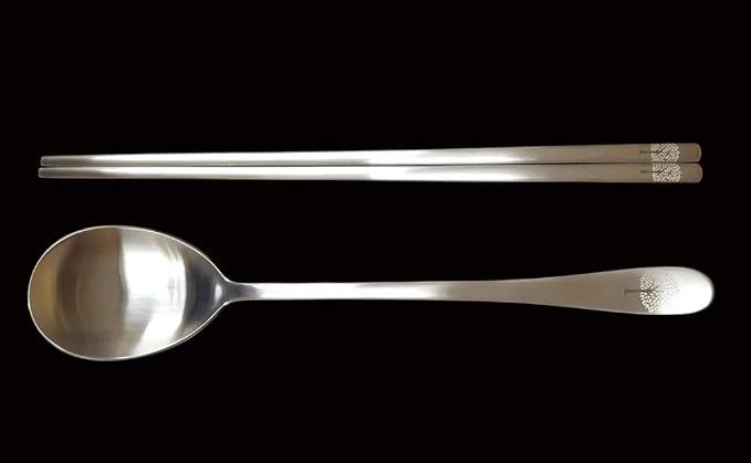 [5 Sets] [Made in Korea] Korean Sticky Rice Spoon Chopsticks Set Gold Titanium Plating 304 Stainless Steel Tableware Cutlery Set Mukbang Chopsticks (Willow Tree, 5 Sets)