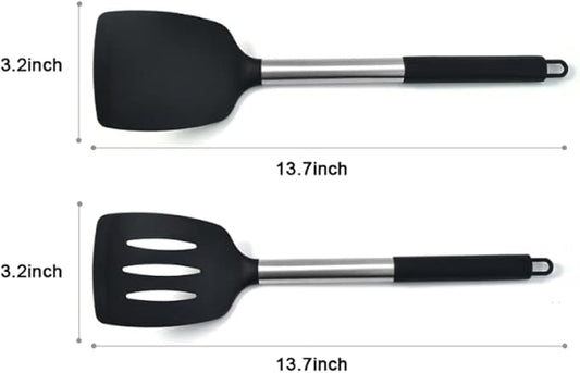 2Pack Small Silicone Turner High Heat Resistant Slotted Spatula for Fish, Eggs, Pancakes and More (Set of 2, Black2)