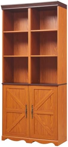 Storage Cabinet with Adjustable Shelves | Open Display Cubbies & Closed Barn Door Storage 3D Wood Grain Finish MDF Bookcase for Bedroom Living Room Office