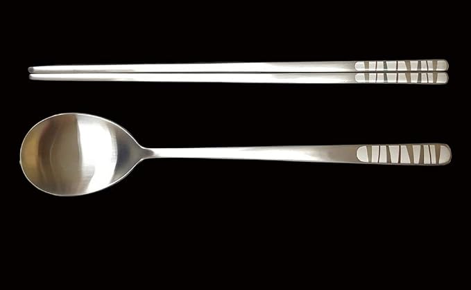 [5 Sets] [Made in Korea] Korean Sticky Rice Spoon Chopsticks Set Gold Titanium Plating 304 Stainless Steel Tableware Cutlery Set Mukbang Chopsticks (Stone Wall, 5 Sets)