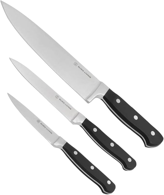DURA LIVING 3-Piece Kitchen Knife Set – Ultra-Sharp Forged High Carbon Stainless Steel, Includes 8" Chef, 5" Utility, 3.5" Paring Knives, Ergonomic Handles, Professional Starter Set, Black