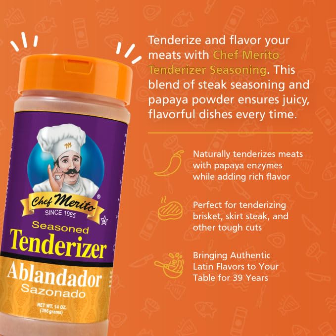 Chef Merito Seasoned Tenderizer 14 oz | Perfect for Beef, Pork & Poultry | Tenderizes & Enhances Flavor | Authentic Latin Flavor Since 1985 (Pack of 2)