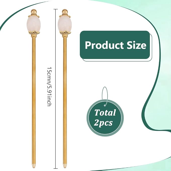 PH PandaHall 2PCS Pink Quartz Hair Sticks 5.9inch Oval Gemstone Hairpins Golden Chinese Hairpin Metal Hair Chopsticks Vintage Hairpins for Valentine's Day Mother's Day Women Long Hairs Ornament