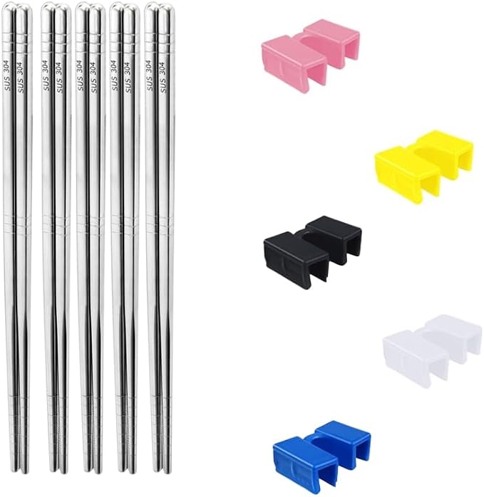 5 Pairs Training Chopstick Helpers，Reusable Stainless Steel Metal Chop Sticks，Adult Chopstick Training, Children, Beginners,Practice Chinese Japanese Korean Food
