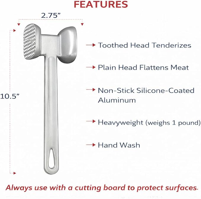 HIC Kitchen Non-Stick Dual-Sided Meat Tenderizer Mallet Marinating Prep Tool, Toothed And Plain Heads, Silicone-Coated, For Flattening Cutlets And Tenderizing Meat
