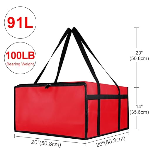 Insulated Pizza Delivery Bag for Carry Hot, 20" x 20" x 14" Carrier Warmer, Insulated Food Delivery Bag, Insulated Grocery Cooler Bags for Catering/Doordash, Commercial Food Warmers（Red, 1Pk）