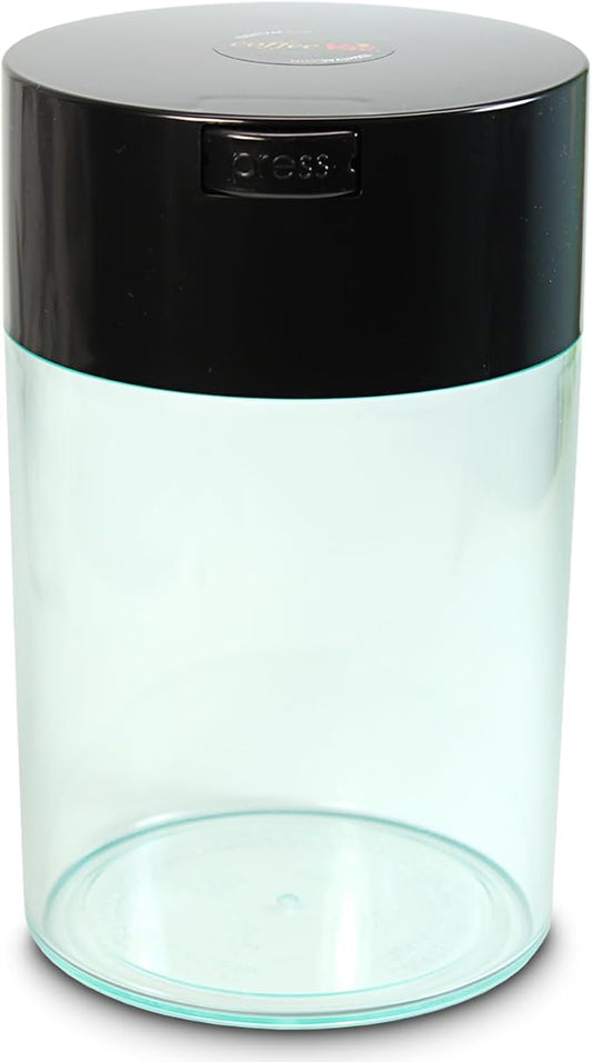 COFFEEVAC 1 LB Airtight Coffee Bean Storage Container, Patented Vacuum Seal, Coffee Grounds Container, 1.85L, Smell Proof, Black Cap and Clear Body