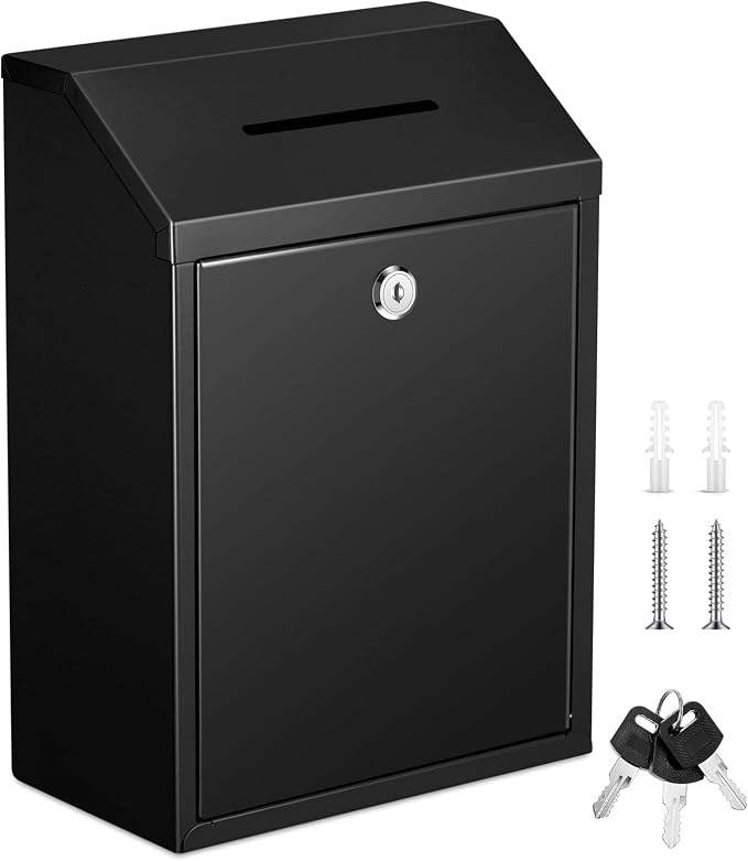 Yaocom Metal Money Box,Black,11.81 x 8.58 x 4.72 Inch,No Lid | Wall Mounted Drop Donation Cash Box for Farm Stand Collection Safe Suggestion Box with Lock Container for Home Office Outdoor