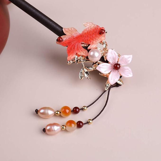 Wooden Hair Pins 7.08" Chinese Goldfish Flower Hair Sticks For Long Hair Buns for Women